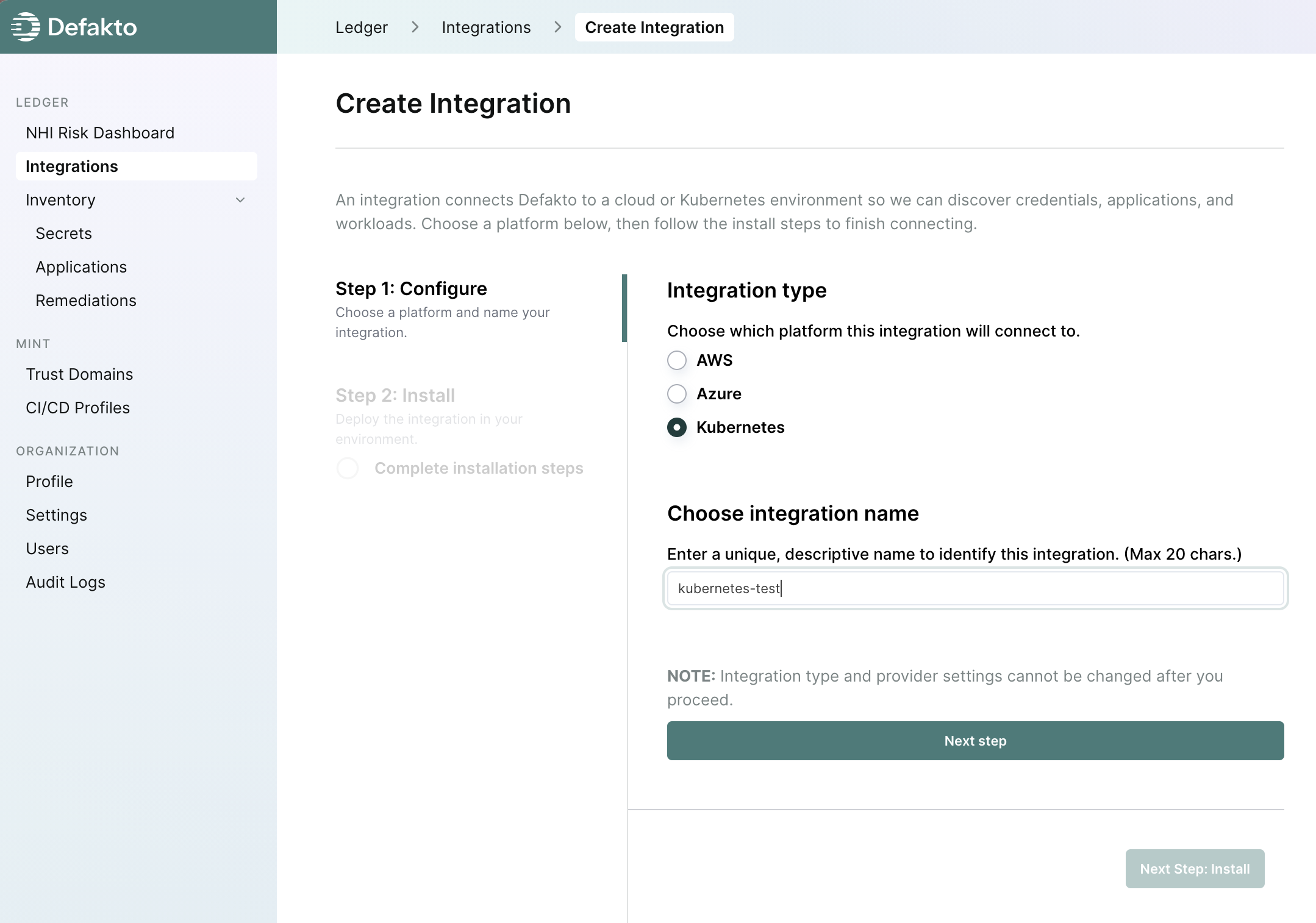 Ledger Kubernetes Integration Creation